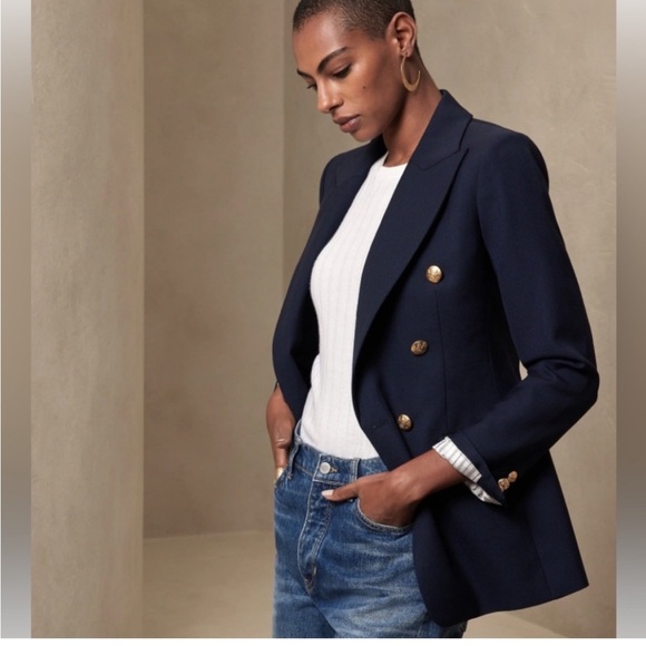 Banana Republic Navy Blue Double Breasted Cotton Blazer with Gold Buttons size 4 - Picture 14 of 14